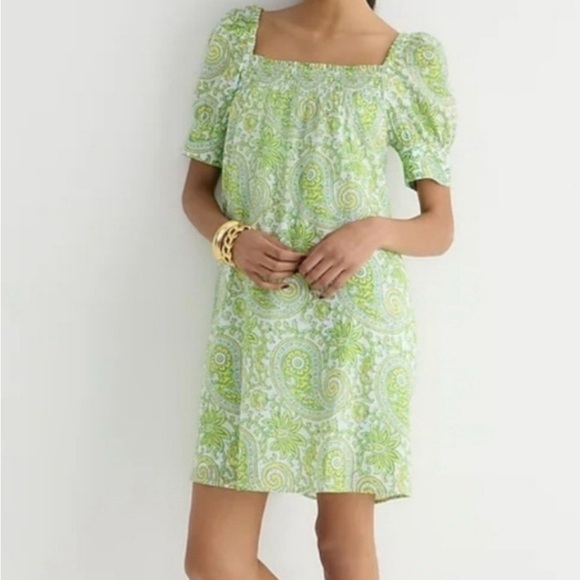 NWT SZ Blockprints x J.Crew Square-Neck Puff Sleeve Organic Cotton Mini Dress L - Picture 1 of 16